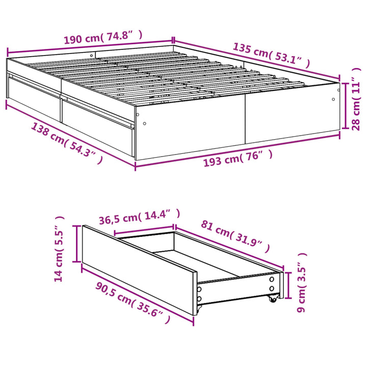 sengeramme med skuffer 135x190 cm konstrueret træ sonoma-eg