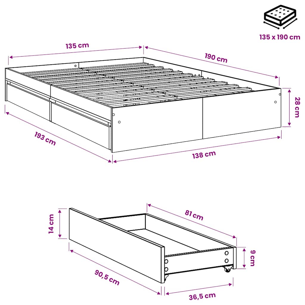 sengeramme med skuffer 135x190 cm konstrueret træ betongrå
