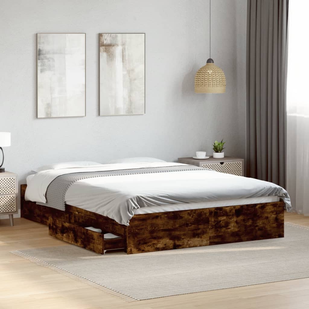 sengeramme med skuffer 135x190 cm konstrueret træ røget eg