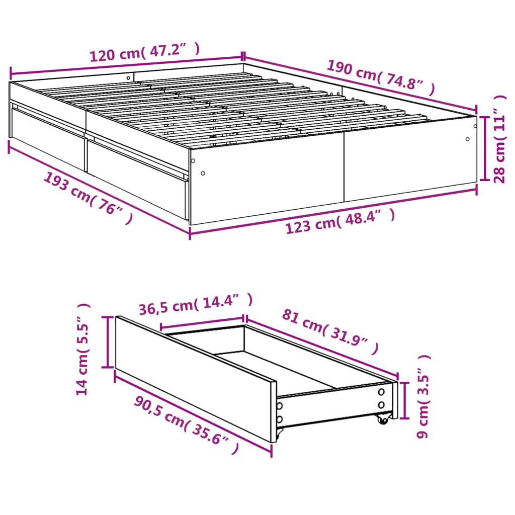 sengeramme med skuffer 120x190 cm konstrueret træ grå sonoma-eg