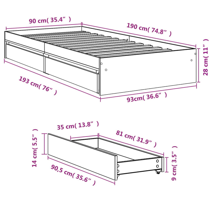 sengeramme med skuffer 90x190 cm konstrueret træ sonoma-eg