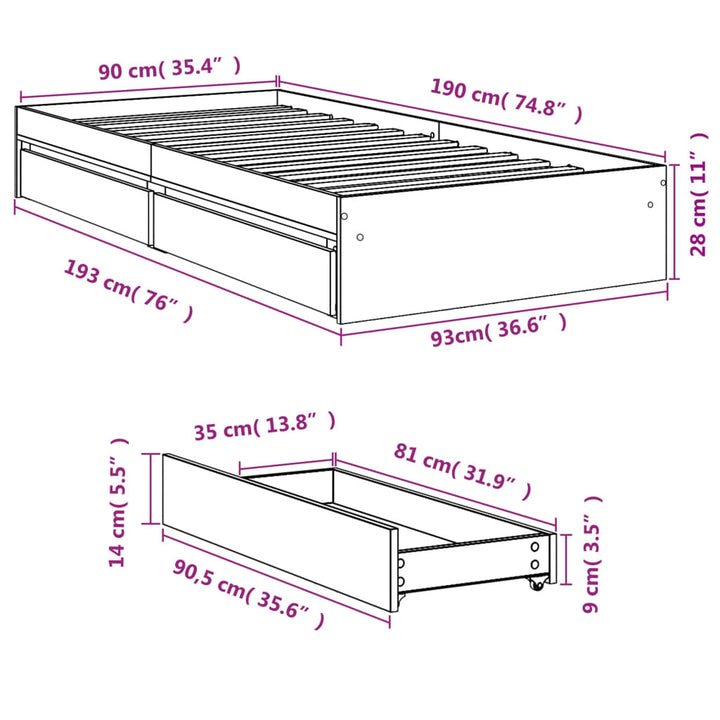 sengeramme med skuffer 90x190 cm konstrueret træ betongrå