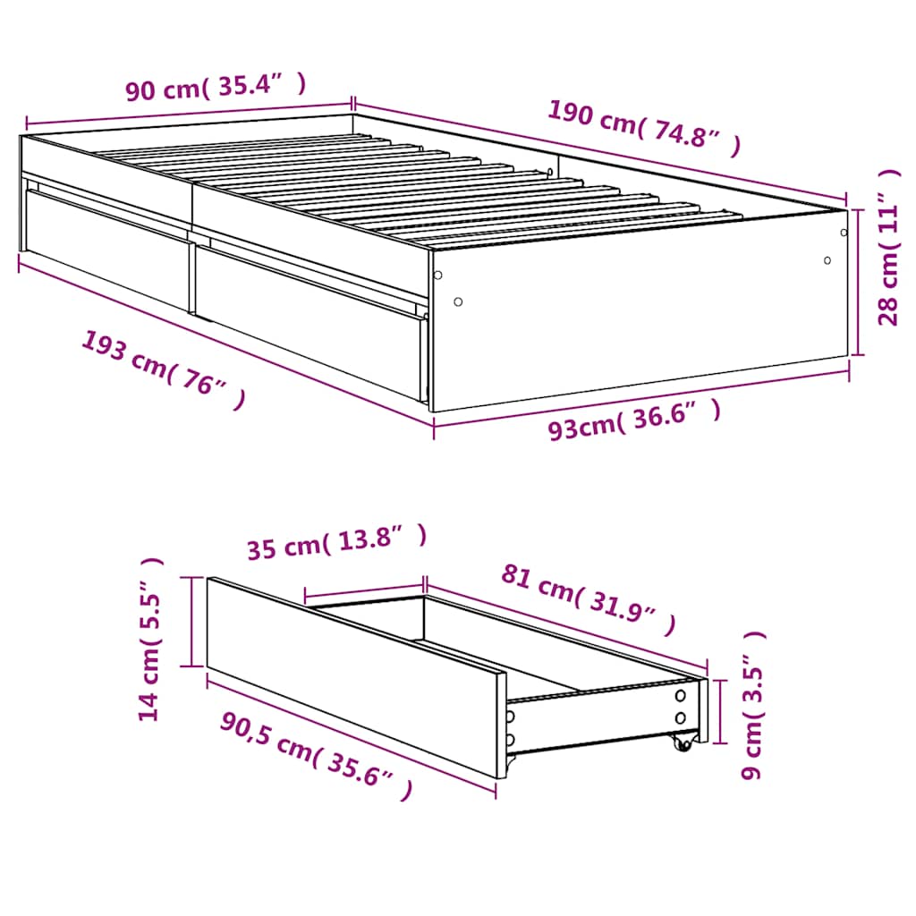 sengeramme med skuffer 90x190 cm konstrueret træ røget eg