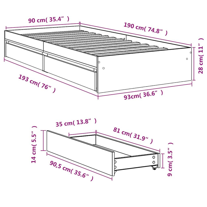 sengeramme med skuffer 90x190 cm konstrueret træ røget eg