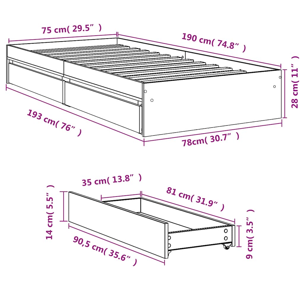 sengeramme med skuffer 75x190 cm konstrueret træ hvid