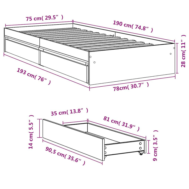 sengeramme med skuffer 75x190 cm konstrueret træ hvid