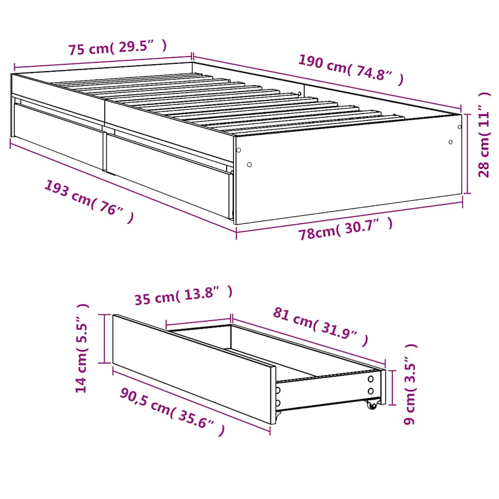 sengeramme med skuffer 75x190 cm konstrueret træ sonoma-eg