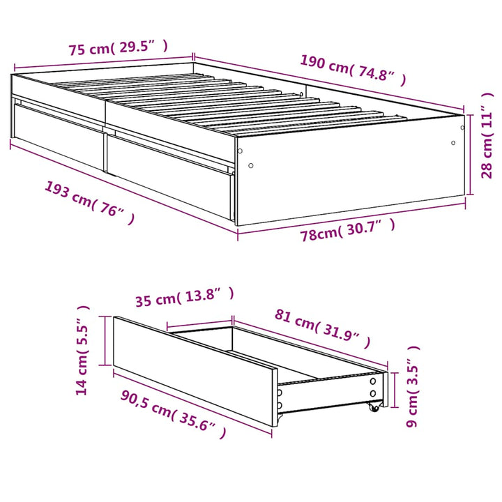 sengeramme med skuffer 75x190 cm konstrueret træ sonoma-eg