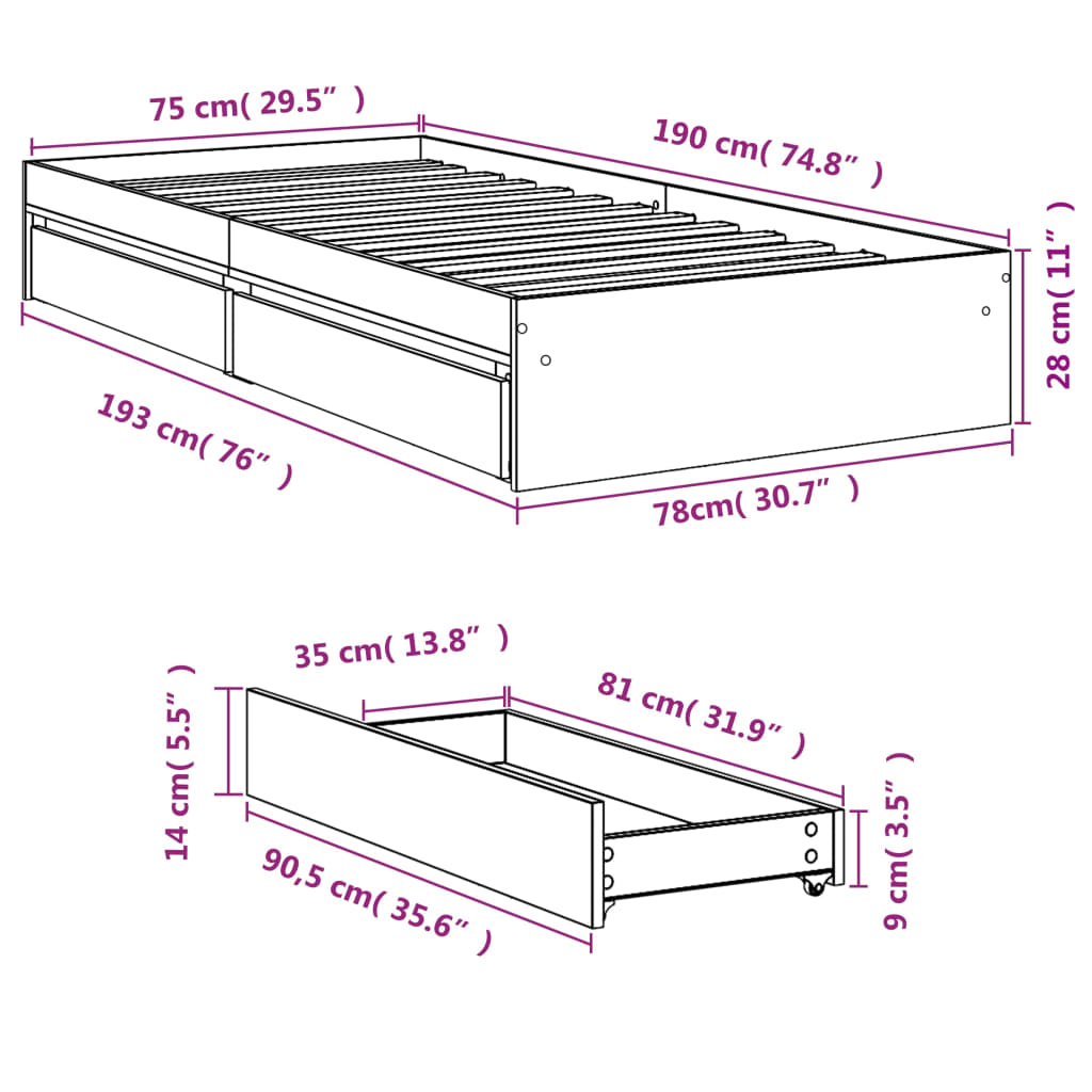 sengeramme med skuffer 75x190 cm konstrueret træ røget eg