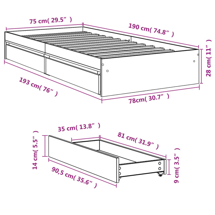 sengeramme med skuffer 75x190 cm konstrueret træ grå sonoma-eg