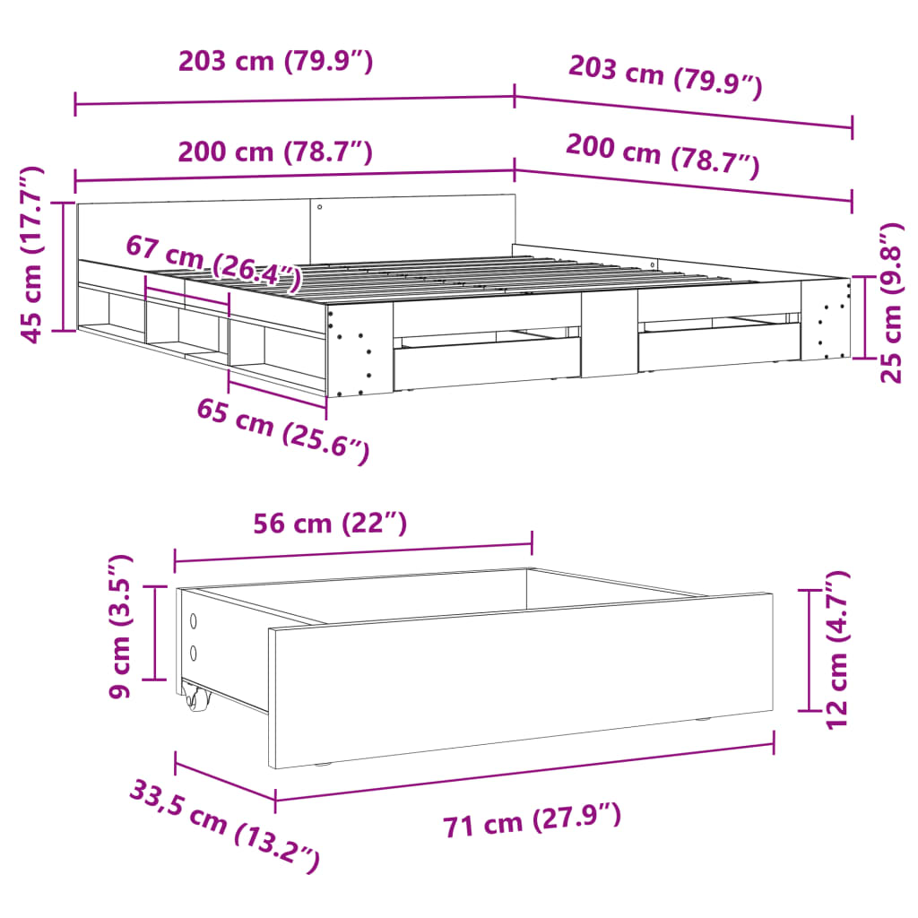 sengeramme med skuffer 200x200 cm konstrueret træ betongrå