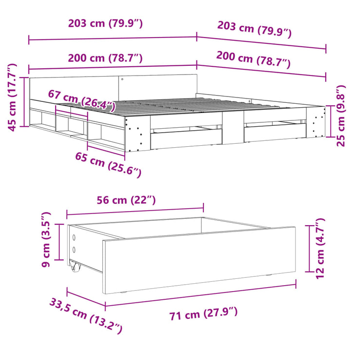 sengeramme med skuffer 200x200 cm konstrueret træ betongrå