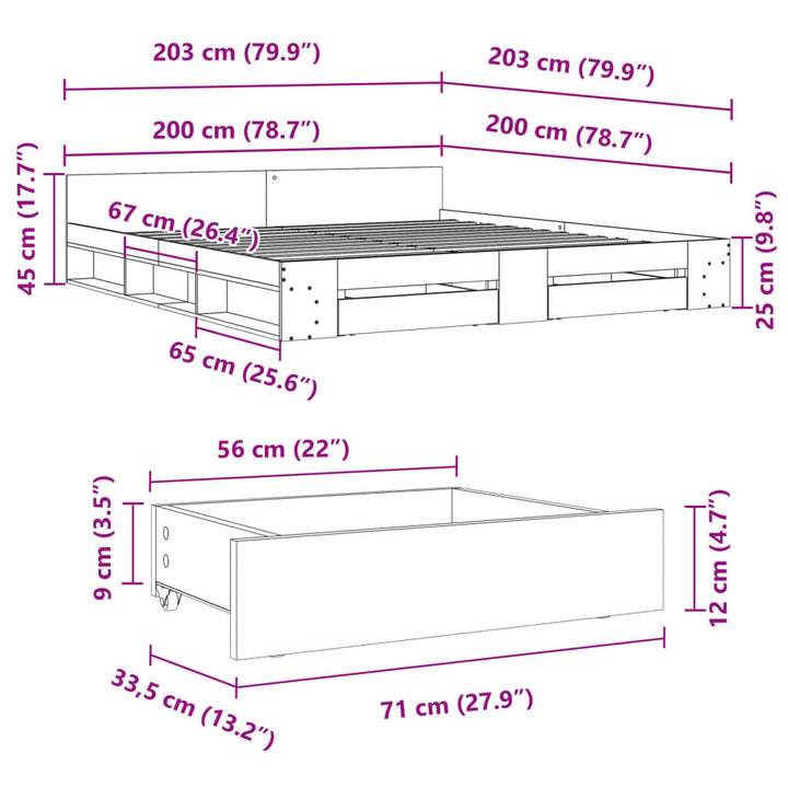 sengeramme med skuffer 200x200 cm konstrueret træ røget eg