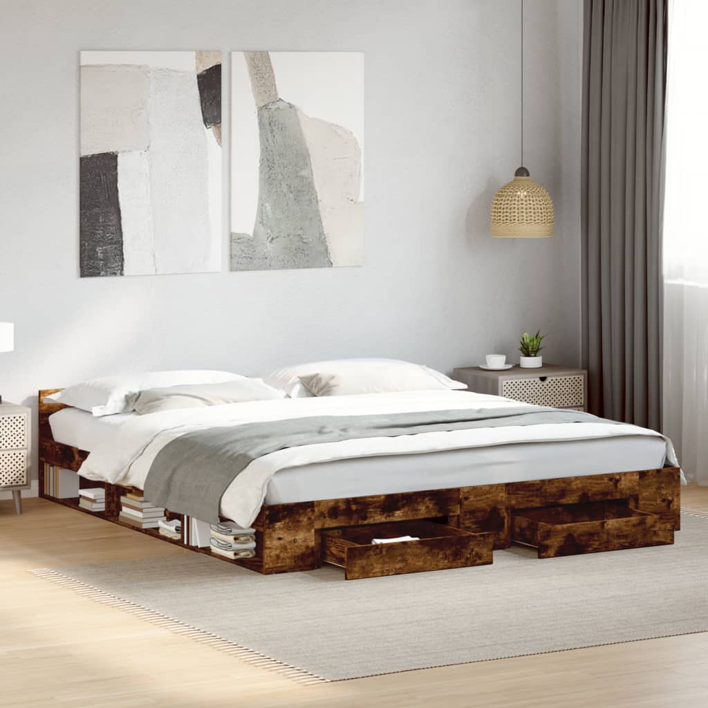sengeramme med skuffer 200x200 cm konstrueret træ røget eg