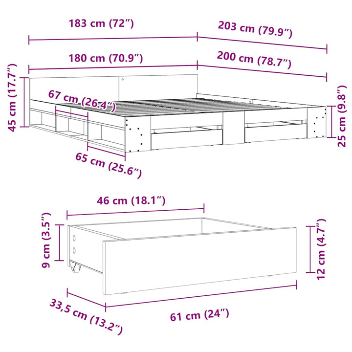 sengeramme med skuffer 180x200 cm konstrueret træ betongrå