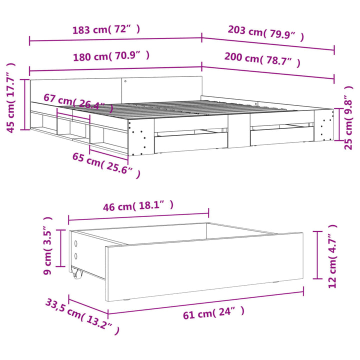 sengeramme med skuffer 180x200 cm konstrueret træ grå sonoma-eg