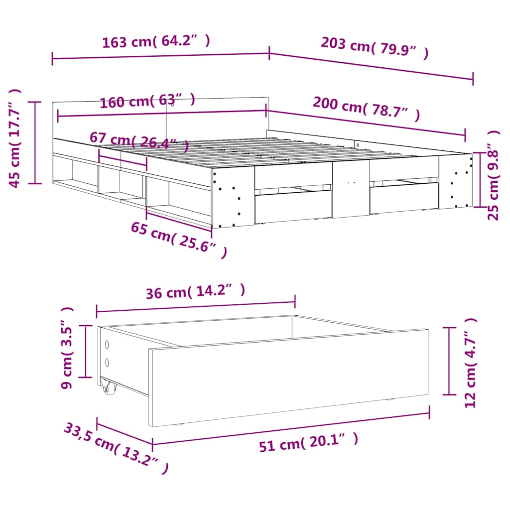 sengeramme med skuffer 160x200 cm konstrueret træ betongrå