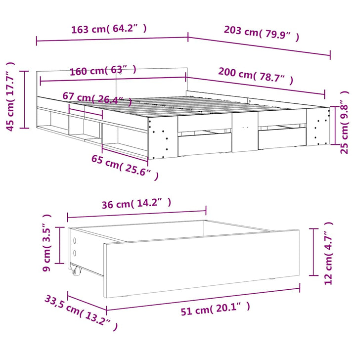 sengeramme med skuffer 160x200 cm konstrueret træ betongrå