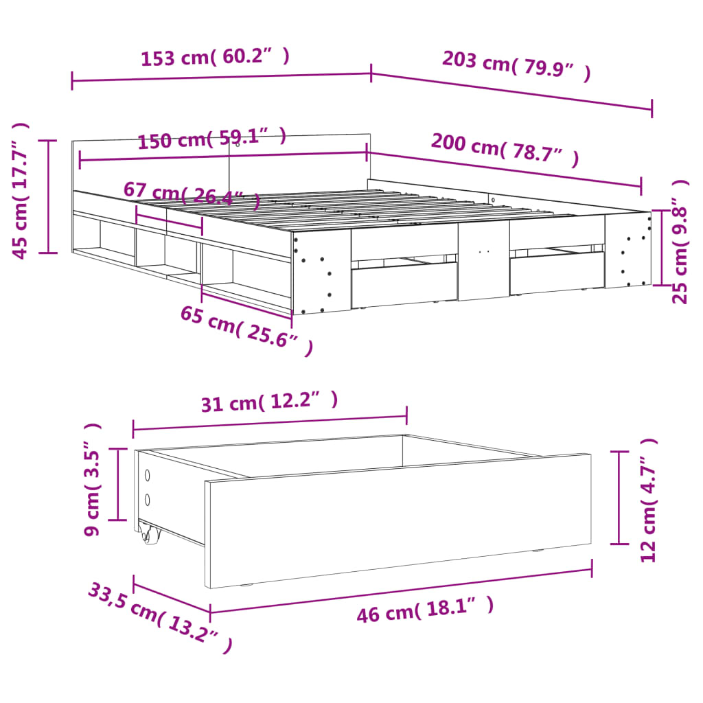 sengeramme med skuffer 150x200 cm konstrueret træ hvid
