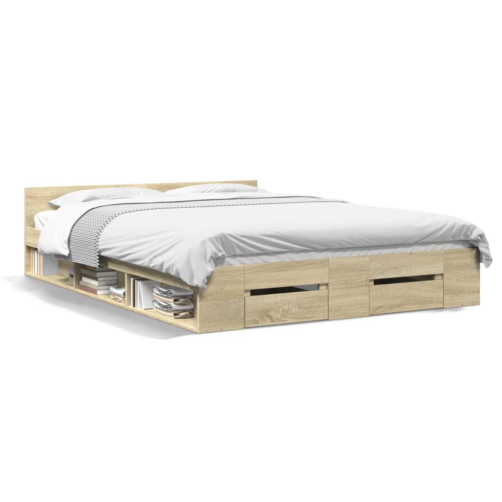 sengeramme med skuffer 150x200 cm konstrueret træ sonoma-eg