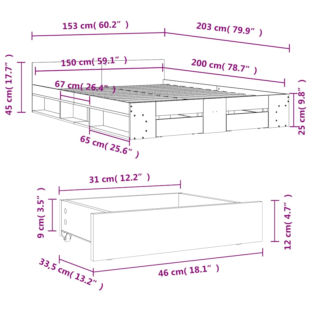 sengeramme med skuffer 150x200 cm konstrueret træ sonoma-eg