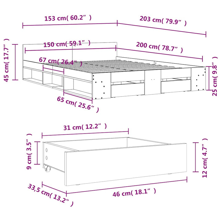 sengeramme med skuffer 150x200 cm konstrueret træ sonoma-eg