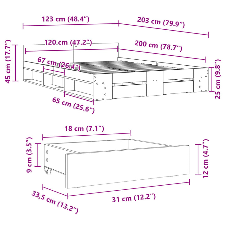 sengeramme med skuffer 120x200 cm konstrueret træ hvid