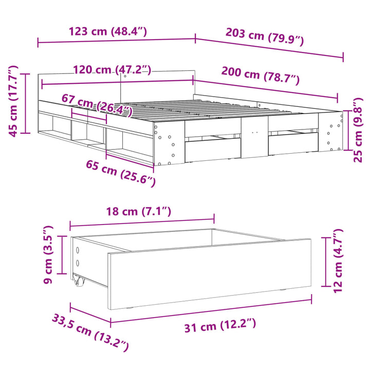 sengeramme med skuffer 120x200 cm konstrueret træ sonoma-eg