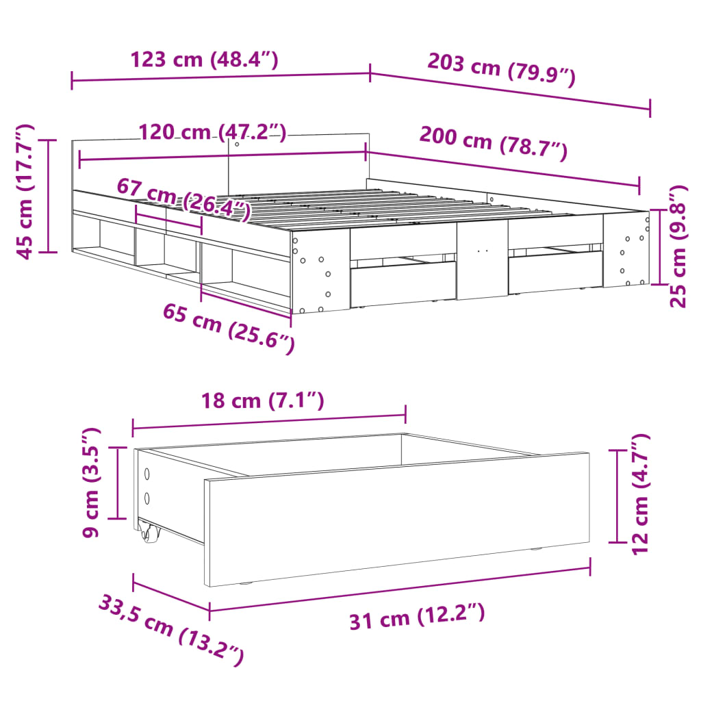 sengeramme med skuffer 120x200 cm konstrueret træ røget eg