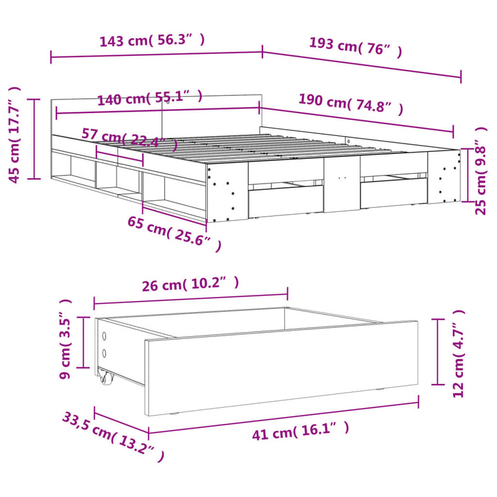 sengeramme med skuffer 140x190 cm konstrueret træ betongrå