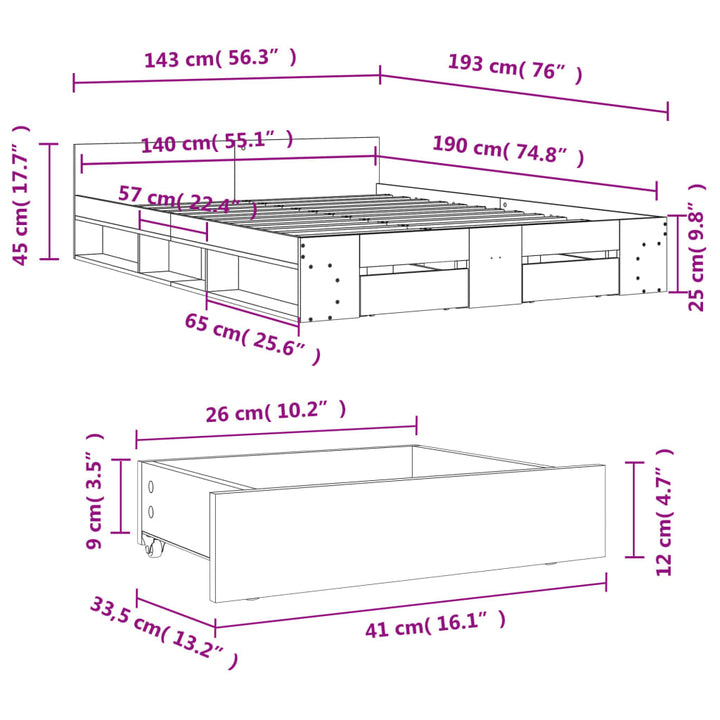 sengeramme med skuffer 140x190 cm konstrueret træ grå sonoma-eg