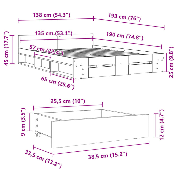sengeramme med skuffer 135x190 cm konstrueret træ betongrå
