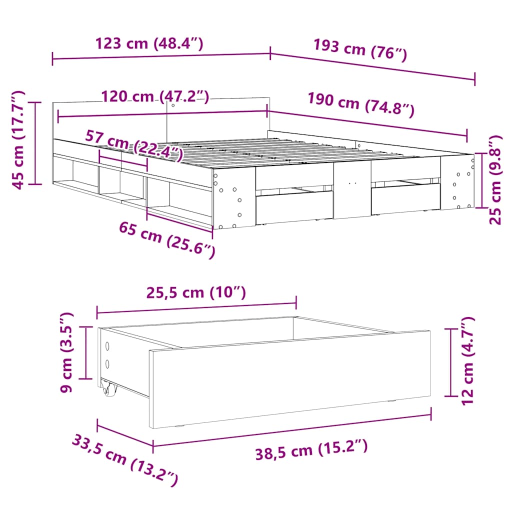 sengeramme med skuffer 120x190 cm konstrueret træ hvid