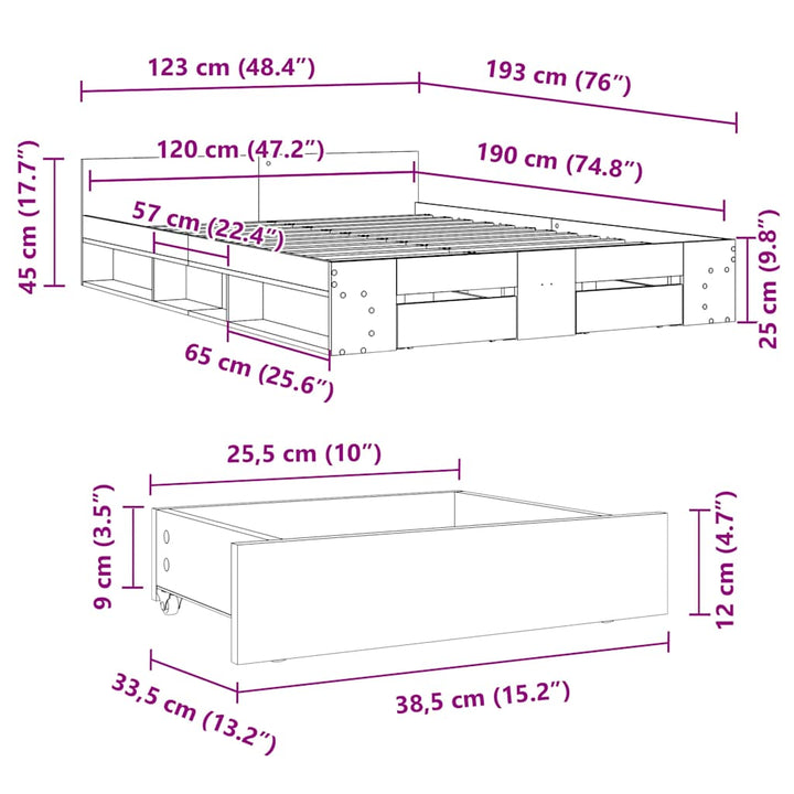 sengeramme med skuffer 120x190 cm konstrueret træ hvid