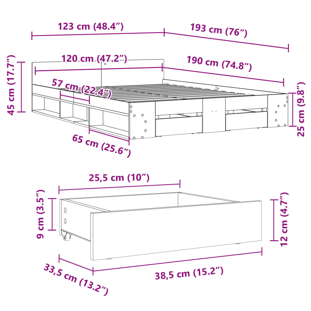 sengeramme med skuffer 120x190 cm konstrueret træ røget eg