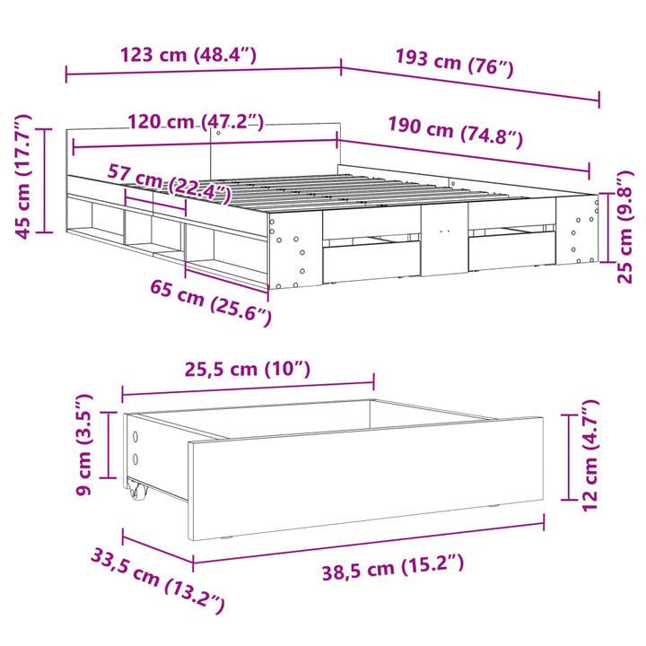sengeramme med skuffer 120x190 cm konstrueret træ røget eg