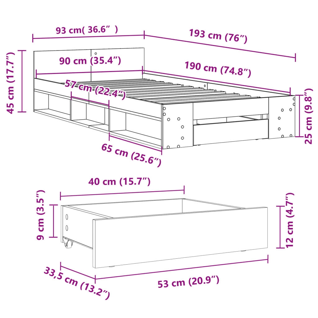 sengeramme med skuffe 90x190 cm konstrueret træ sort