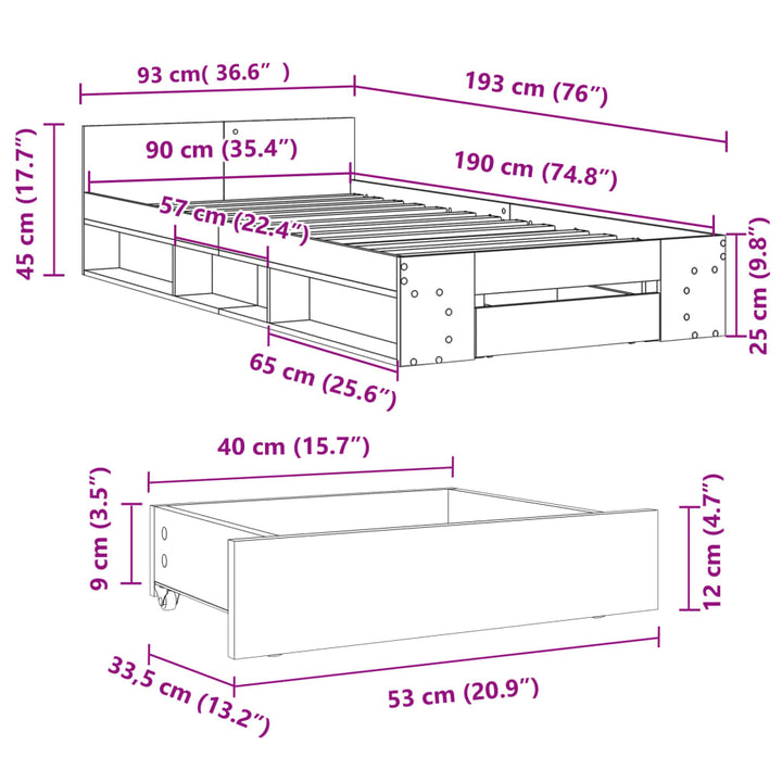 sengeramme med skuffe 90x190 cm konstrueret træ sort