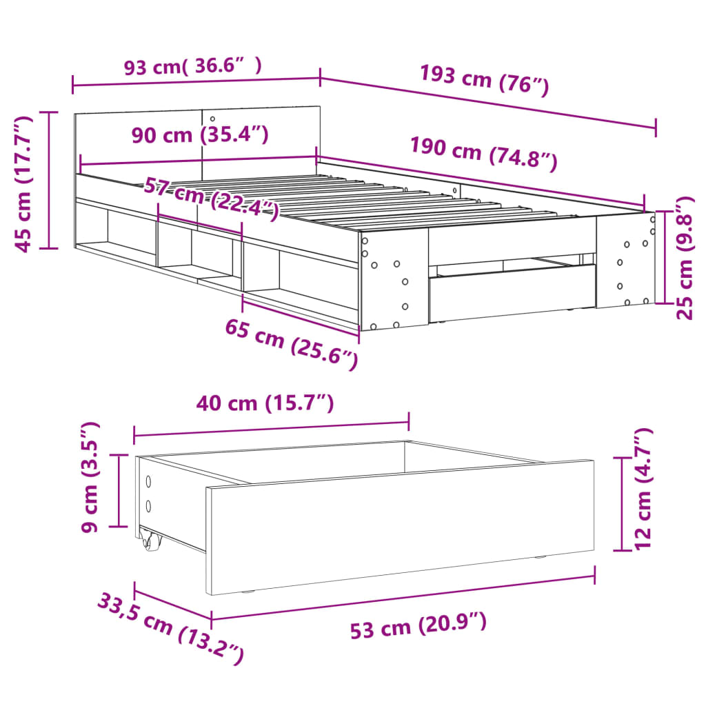 sengeramme med skuffe 90x190 cm konstrueret træ betongrå