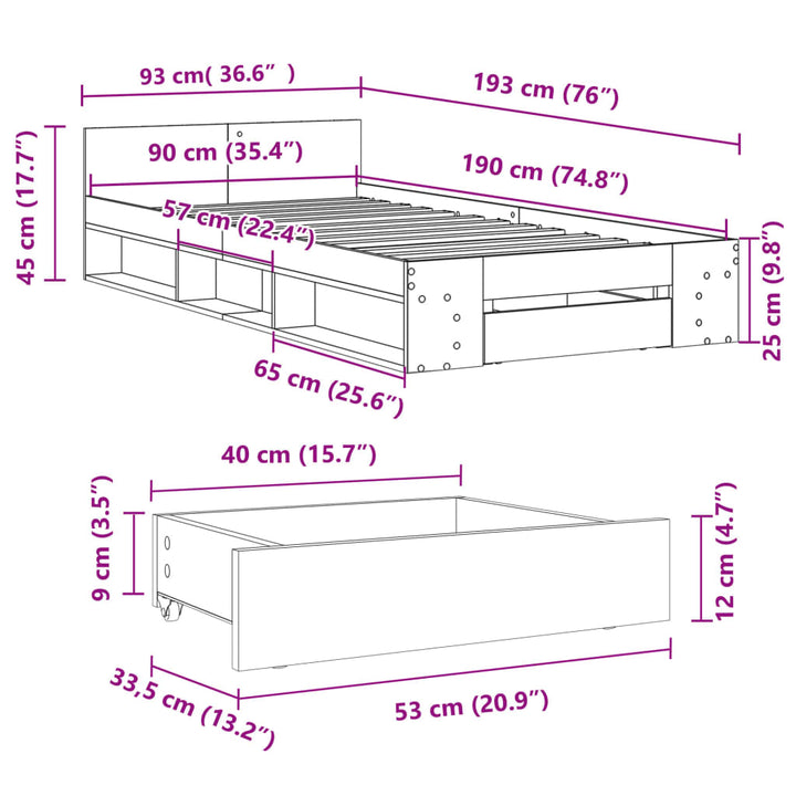 sengeramme med skuffe 90x190 cm konstrueret træ betongrå