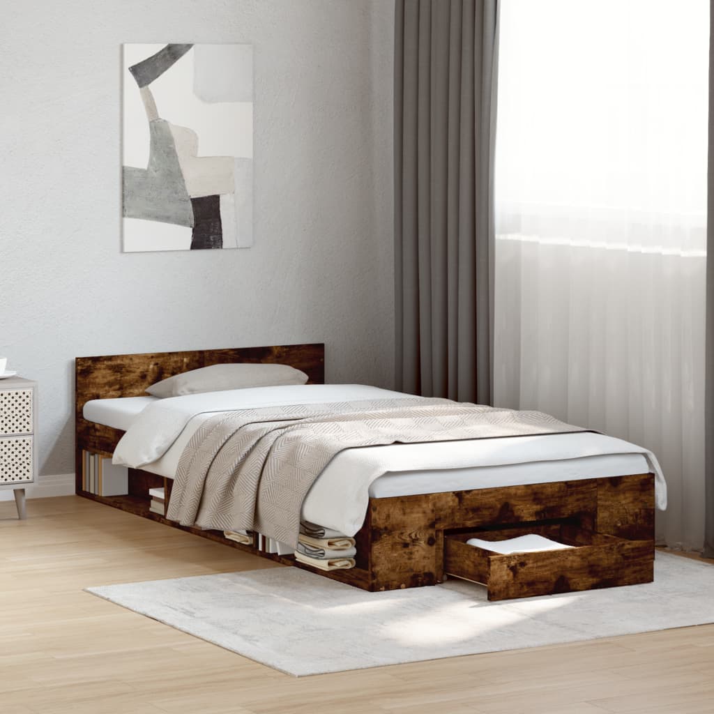 sengeramme med skuffe 90x190 cm konstrueret træ røget eg