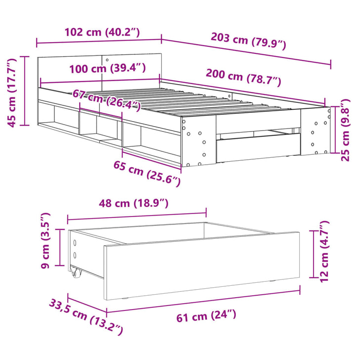 sengeramme med skuffe 100x200 cm konstrueret træ hvid