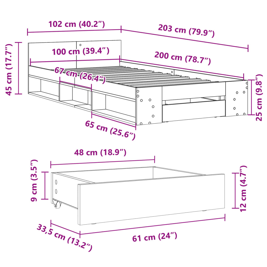 sengeramme med skuffe 100x200 cm konstrueret træ sonoma-eg