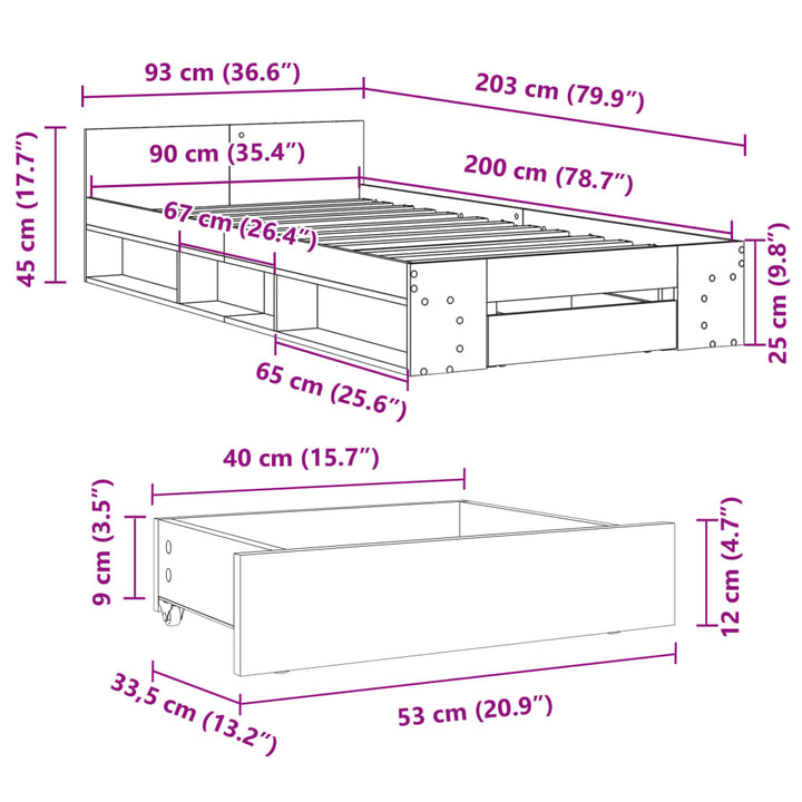 sengeramme med skuffe 90x200 cm konstrueret træ sonoma-eg