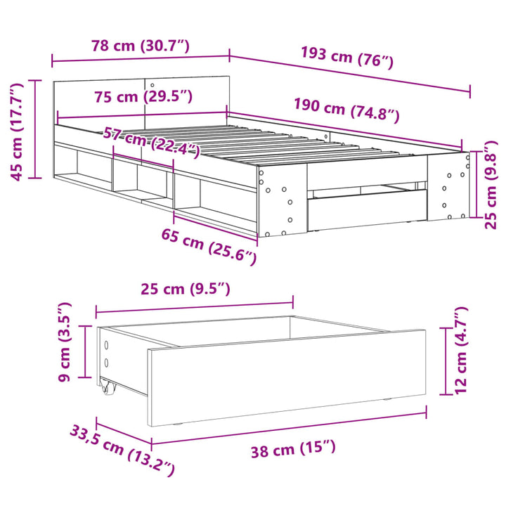 sengeramme med skuffe 75x190 cm konstrueret træ hvid