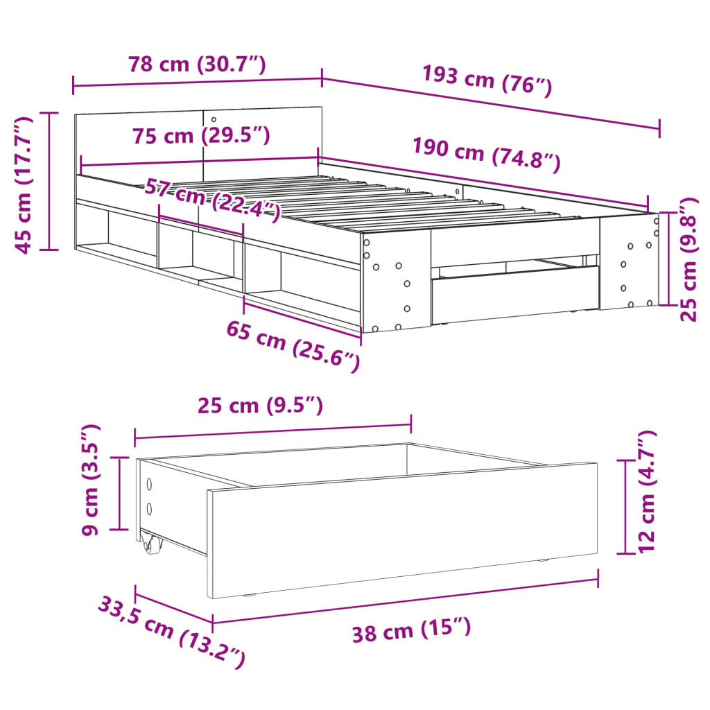 sengeramme med skuffe 75x190 cm konstrueret træ røget eg