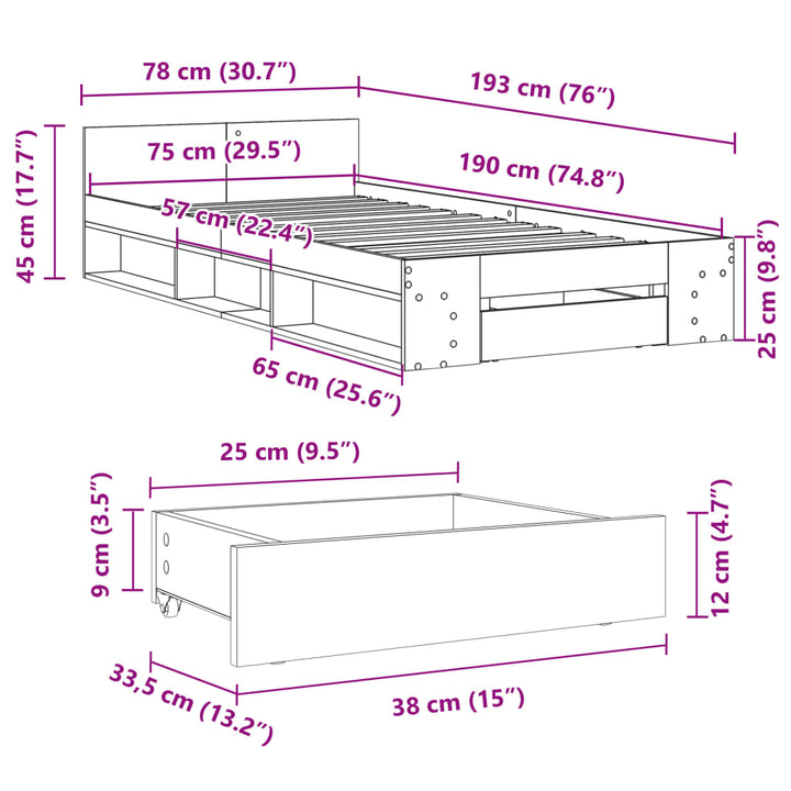 sengeramme med skuffe 75x190 cm konstrueret træ røget eg