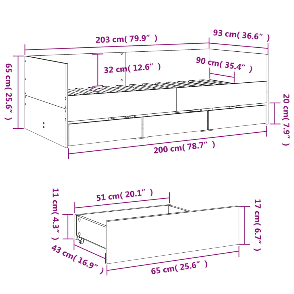 daybed med skuffer uden madras 90x200 cm sonoma-eg