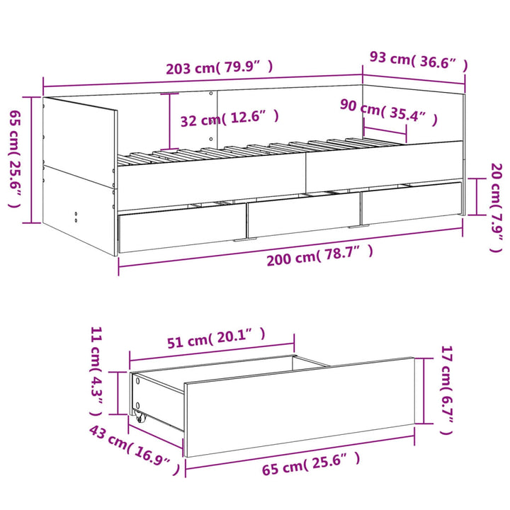 daybed med skuffer uden madras 90x200 cm betongrå