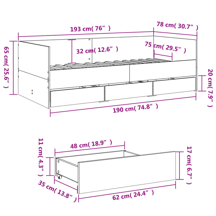 daybed med skuffer uden madras 75x190 cm sort